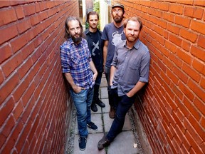 On Avec pas d'casque's new album, Effets spéciaux, "the music takes up more space than ever before,” says frontman Stéphane Lafleur, far right, with Joël Vaudreuil, left, Mathieu Charbonneau and Nicolas Moussette. “Before, it was the words that were up front and the music supported them.”