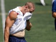 MONTREAL, QUE.: JULY 27, 2016-- Montreal Alouettes wide receiver Samuel Giguère deals with the high heat during a team practice in Montreal on Wednesday July 27, 2016. (Allen McInnis / MONTREAL GAZETTE)  ORG XMIT: 56758