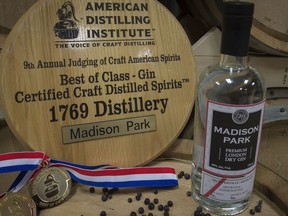 A bottle of Madison Park London dry gin from Maureen David and Andrew Mikus's 1769 Distillery, based in Verdun.