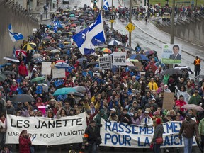Supporters of the Quebec charter of values and the "Janette" letter backing it march up Berri in Montreal, on Saturday, October 26, 2013.