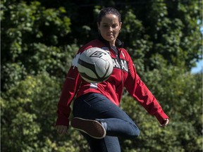 Olympic double bronze medallist Rhian Wilkinson shows off her ball handling skills at Parc Rhian-Wilkinson in Baie-D'Urfé, on Monday, September 12, 2016.