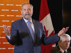 NDP Leader Tom Mulcair addresses NDP causus meeting in Montreal, Wednesday September 14, 2016, to prepare for the return of parliament.