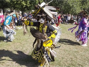 Sam Ojeda from Southern California participates in traditional native dance during the annual McGill pow wow held on the McGill university grounds on Friday Sept. 16, 2016.
