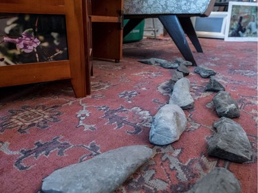 When Jason Cohen's dogs were alive, he would collect the most ordinary of items like these rocks that now represent a stone path in his living room. (Dave Sidaway / MONTREAL GAZETTE)