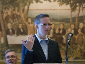 Jennifer Drouin speaks at launch of Anglophones for Quebec Independence at the St-Jean-Baptiste Society on Sept. 23.