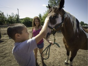 Ethan Mason of Pincourt meets Buddy, one of the many rescued horses at A Horse Tale, as barn manager Caroline Handy watches on Saturday, Sept. 3. (Peter McCabe / MONTREAL GAZETTE)