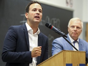 SEPT. 6, 2016:  Alexandre Cloutier, left, and  Jean-François Lisée at the first debate  for the candidates of the Parti Québécois, who now are headed for a total of seven debates.