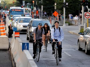 Cyclists navigate traffic on Sherbrooke St. in 2016.