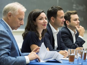 Parti Québécois leadership candidates Jean-Francois Lisée, Martine Ouellet, Alexandre Cloutier and Paul St-Pierre Plamondon, seen here on Tuesday Sept. 6, 2016 before the start of a debate at the Université de Montréal, squared off again on Tuesday in Drummondville.