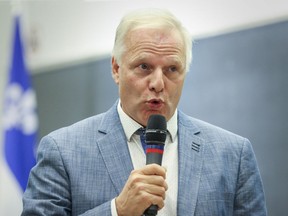 Parti Québécois leadership candidate Jean-François Lisée makes a point during debate with other candidates at Université de Montréal in Montreal Tuesday September 6, 2016.