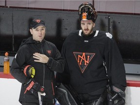 Goalie Matt Murray, and assistant coach Jay Woodcroft of Team North America for the 2016 World Cup of Hockey take part in a team practice at the Bell Centre in Montreal on Wednesday, September 7, 2016.