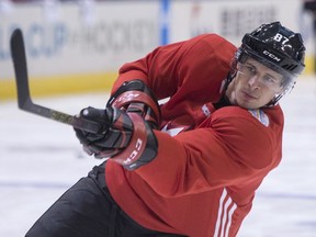 Team Canada's Sidney Crosby takes a shot on net during a training session ahead of the World Cup of Hockey in Toronto on Friday, Sept. 16, 2016.