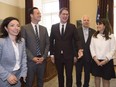 Quebec Opposition and Parti Québécois interim leader Sylvain Gaudreault, centre, poses with Parti Québécois leadership hopefuls Martine Ouellet, from left, Alexandre Cloutier, Jean-François Lisée, and Véronique Hivon at his legislature office, Wednesday, June 1, 2016 in Quebec City. Paul St-Pierre Plamondon had not yet entered the race, and Hivon has since withdrawn.