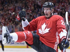 Team Canada's Corey Perry (24) celebrates his goal against Team Russia during third period World Cup of Hockey semifinal action in Toronto on Saturday, Sept. 24, 2016.