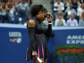 Serena Williams of the U.S. reacts after losing a point against Karolina Pliskova of the Czech Republic during their 2016 U.S. Open Women's Singles semifinal match at the USTA Billie Jean King National Tennis Center in New York on September 8, 2016. Williams crashed out of the U.S. Open costing her a shot at a 23rd Grand Slam title and a record 187th straight week at number one.