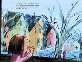 The young girl at the heart of The Branch looks out on an ice-covered neighbourhood. Mireille Messier’s picture book is illustrated by Pierre Pratt.