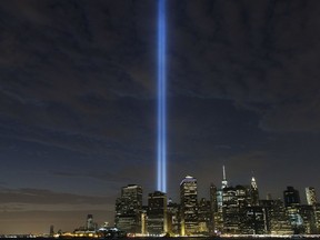 The Tribute in Light rises above the lower Manhattan skyline, Sept. 10, 2016, in New York. Sunday marks the fifteenth anniversary of the terrorist attacks of Sept. 11, 2001on the United States.