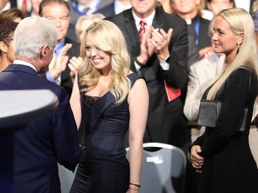 Bill Clinton (L) shake hands with Tiffany Trump (C) before the first presidential debate at Hofstra University in Hempstead, New York on September 26, 2016. Hillary Clinton and Donald Trump face off in one of the most consequential presidential debates in modern US history with up to 100 million viewers set to tune in.