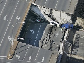 An aerial view of the de la Concorde overpass collapse hours after it happened on Sept. 30, 2006.