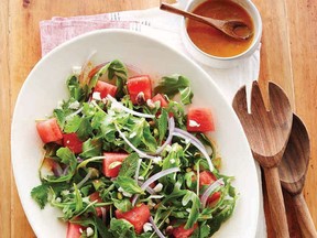 Watermelon combines with flavourful greens and feta in this peppy salad.