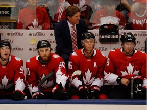 Head coach Mike Babcock of Team Canada looks on from the bench while playing Team Czech Republic during the World Cup of Hockey at the Air Canada Center on Sept. 17, 2016 in Toronto.