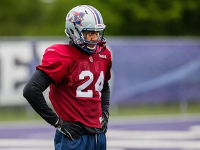 Andrew Lue takes part in the Montreal Alouettes training camp at Bishop's University in Lennoxville on Sunday, May 31, 2015.