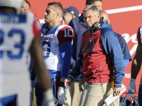 Alouettes interim head coach Jacques Chapdelaine paces on the sidelines during CFL action at Molson Stadium in Montreal on Monday, Oct. 10, 2016.