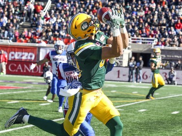 Edmonton Eskimos' Chris Getzlaf catches a pass for a first down during CFL action at Molson Stadium in Montreal on Monday, Oct. 10, 2016.