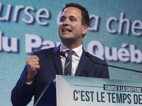 Parti Quebecois leadership candidate Alexandre Cloutier speaks to supporters before hearing the leadership results, at the Parti Quebecois leadership race results evening, Friday, October 7, 2016 in Levis Que.