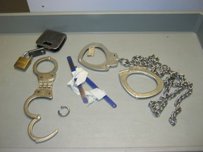 A photo released during the John Boulachanis trial. It shows the handcuffs, leg shackles and saw blades used in the escape.