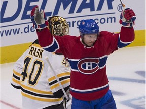 Canadiens' Brendan Gallagher reacts to his team's goal against Boston Bruins goalkeeper Tuukka Rask, during third period NHL preseason action on Tuesday, October 4, 2016 in Quebec City.