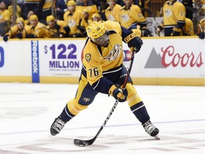 Newly acquired P.K. Subban #76 of the Nashville Predators fires a blast that would find the net for a power play goal against the Chicago Blackhawks at Bridgestone Arena on Oct. 14, 2016 in Nashville.