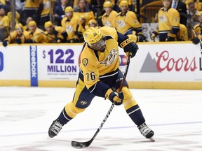 P.K. Subban #76 of the Nashville Predators fires a blast that would find the net for a power play goal against the Chicago Blackhawks at Bridgestone Arena on October 14, 2016 in Nashville, Tennessee.