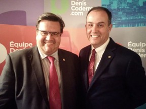 Eric Dugas, pictured right, stands with Montreal Mayor Denis Coderre, Oct. 3, 2016. Dugas has announced his candidacy for borough mayor of Île-Bizard-Ste-Geneviève. He will run for Équipe Denis Coderre.