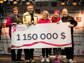 Left to right: Nathalie Tremblay, president and general manager of the Quebec Breast Cancer Foundation; Robin Roy, host; Pam McLernon, foundation founder; Mitsou Gélinas, spokesperson; Sylvain Vinet, Region Head Eastern Canada CIBC