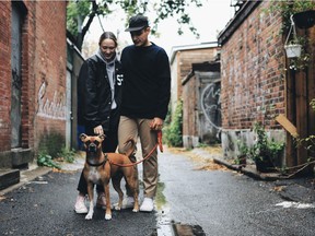 George, the Boxer mix, with Laurence Potvin Beaudoin and Dylan Bourdeau exploring the lane ways of the Mile End district.
(Photo by Paul Labonté)