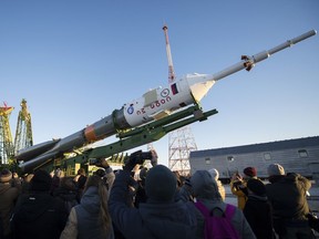 The Soyuz MS-02 spacecraft is raised onto the launch pad on Sunday at the Baikonur Cosmodrome in Kazakhstan. Expedition 49 flight engineer Shane Kimbrough of NASA, Soyuz commander Sergey Ryzhikov of Roscosmos, and flight engineer Andrey Borisenko of Roscosmos are scheduled to launch from the Baikonur Cosmodrome in Kazakhstan on Oct. 19.