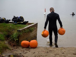A participant in The Dive Shop's 21st annual underwater pumpkin carving prepares to get into the water at Otter Lake, Mich., in October 2016.