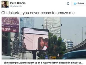 Jakarta commuters got a surprise when porn was displayed instead of advertising on a giant billboard video screen in Sept. 2016.