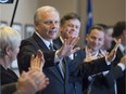 The newly elected Parti Quebecois leader Jean-François Lisée gestures to the caucus members during their first party caucus meeting, at the National Assembly in Quebec City on Friday, October 14, 2016.