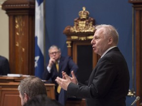 Parti Québécois Leader Jean-François Lisée questions Quebec Premier Philippe Couillard during question period Wednesday at the legislature in Quebec City. "If the premier wants to talk about independence, I challenge him to debate with me, on television, for an hour, federalism and independence," Lisée said.