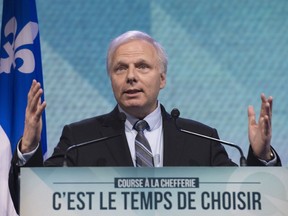 Jean-François Lisée speaks to supporters before hearing the leadership results, at the Parti Québécois leadership race results evening, Friday, Oct. 7, 2016 in Lévis.