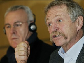 French environmentalist and European Parliament MP José Bové (right) and the leader of the Spanish Izquierda Unida party, Cayo Lara, speak in Madrid in 2012about the EU-Morocco agriculture agreement.