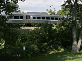 A commuter train travels through Deux-Montagnes on its way to Montreal.