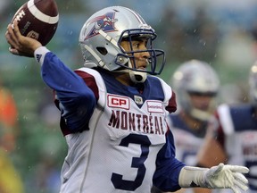 Alouettes quarterback Vernon Adams Jr. looks for a receiver during second half CFL action against the Saskatchewan Roughriders in Regina on Saturday, Oct. 22, 2016.