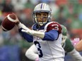 Montreal Alouettes quarterback Vernon Adams Jr. spots a receiver through the rain during first half CFL action against the Saskatchewan Roughriders, in Regina on Saturday, Oct. 22, 2016.