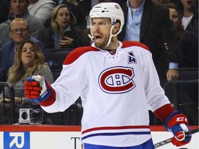 Shea Weber #6 of the Montreal Canadiens celebrates this game winning power-play goal at 17:03 of the third period against the New York Islanders at the Barclays Center on October 26, 2016 in the Brooklyn borough of New York City.