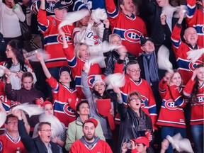Montreal Canadiens fans wave towels before the start of the first period of game five of the NHL Eastern Conference quarter-final match between the Montreal Canadiens and Ottawa Senators at the Bell Centre in Montreal on Friday, April 24, 2015.