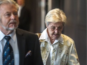 Former Hudson director general Louise Léger-Villandré and her defence lawyer Robert La Haye appeared at the Valleyfield courthouse, on Monday, August 10, 2015. (Dave Sidaway / MONTREAL GAZETTE)