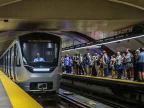 The new Azur metro cars arrive at the Henri-Bourassa metro station during a press event to show the train's interior design in Montreal on Tuesday, August 25, 2015.